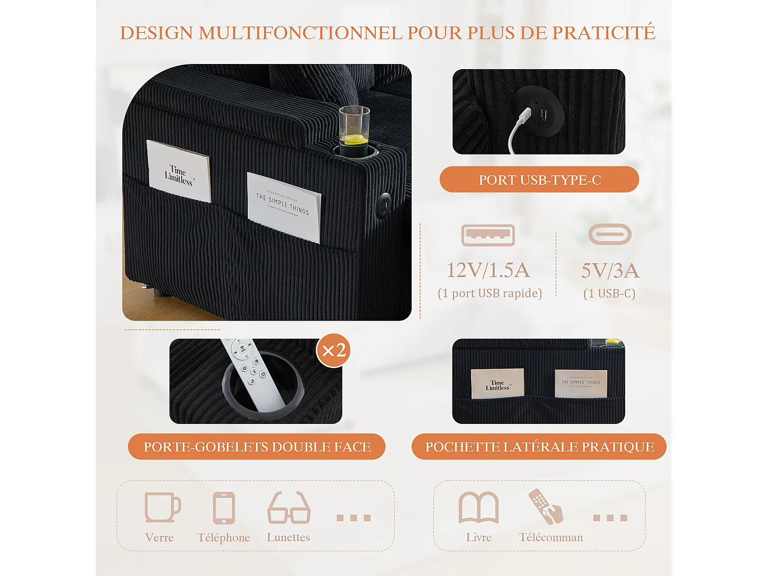 Canapé d’angle convertible fixe 3 places - Convertible en lit double - Chaise longue avec coffre - Accoudoirs rangement et USB-C - Idéal pour petits espaces