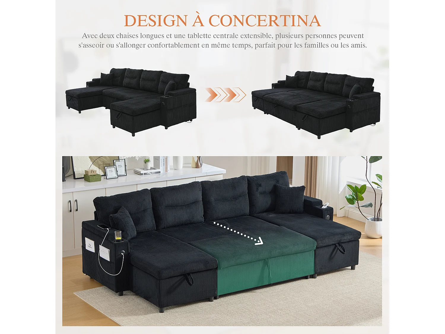 Canapé d’angle convertible fixe 3 places - Convertible en lit double - Chaise longue avec coffre - Accoudoirs rangement et USB-C - Idéal pour petits espaces