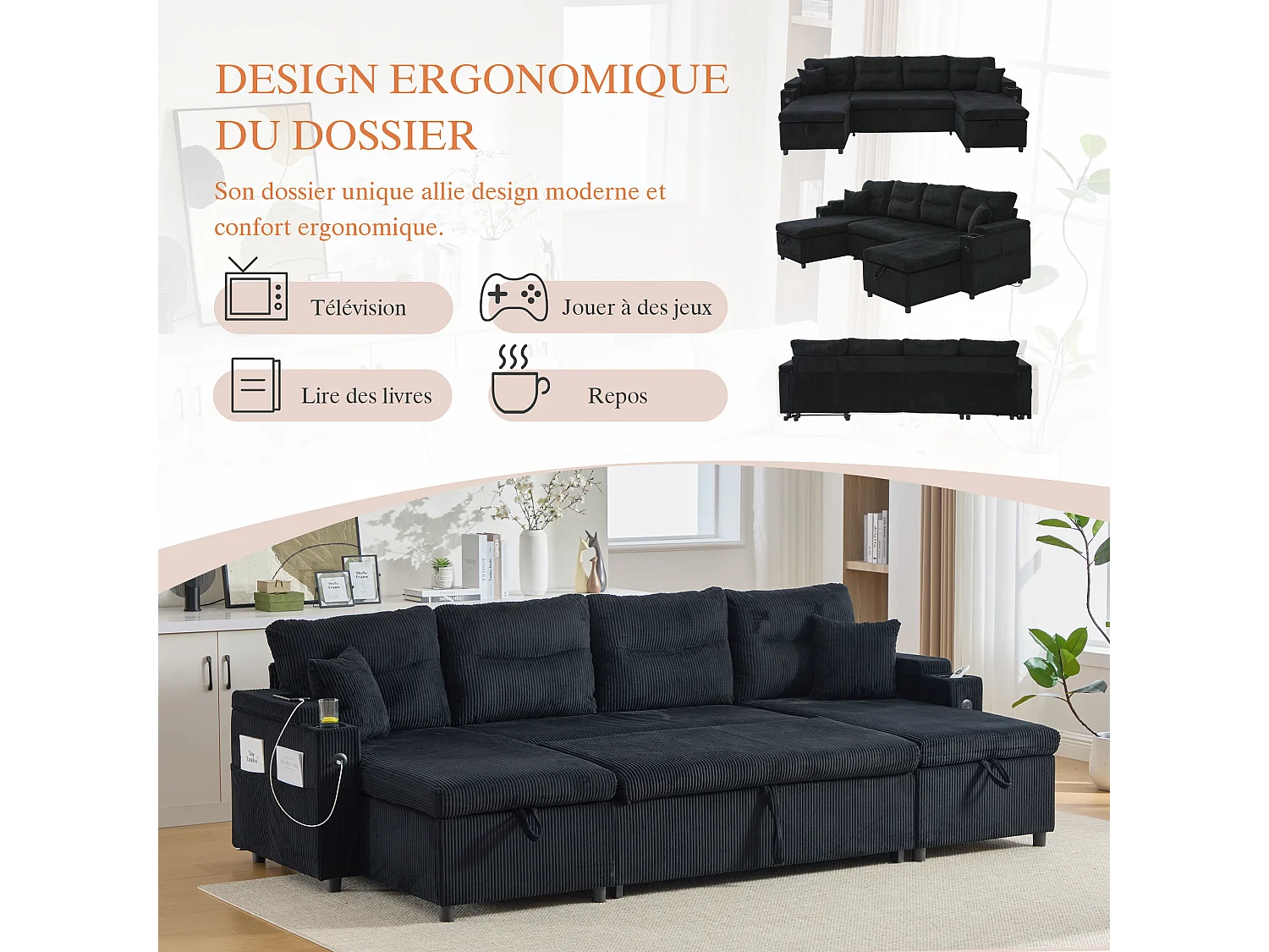 Canapé d’angle convertible fixe 3 places - Convertible en lit double - Chaise longue avec coffre - Accoudoirs rangement et USB-C - Idéal pour petits espaces