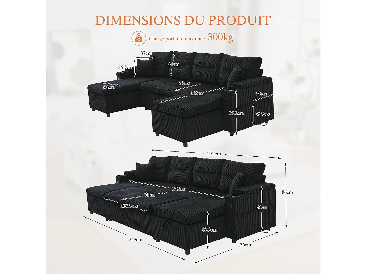 Canapé d’angle convertible fixe 3 places - Convertible en lit double - Chaise longue avec coffre - Accoudoirs rangement et USB-C - Idéal pour petits espaces