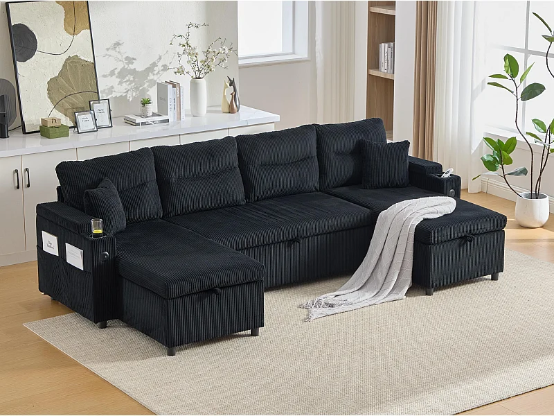 Canapé d’angle convertible fixe 3 places - Convertible en lit double - Chaise longue avec coffre - Accoudoirs rangement et USB-C - Idéal pour petits espaces