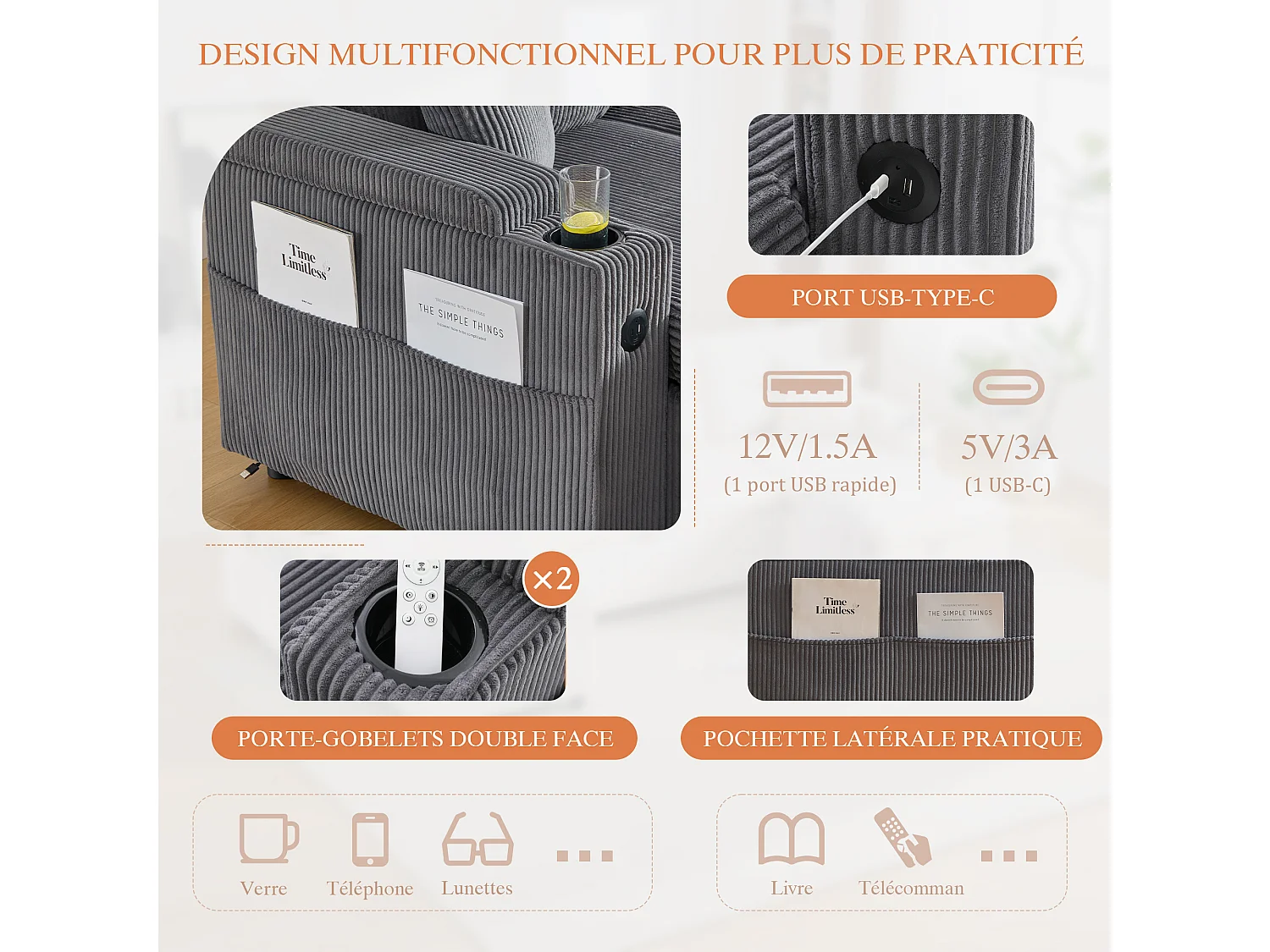 Canapé Convertible Fixe 4 Places en U – Convertible en Lit, Chaise Longue avec Coffre de Rangement – Accoudoirs avec Rangement et Ports USB-C – Idéal pour Salon