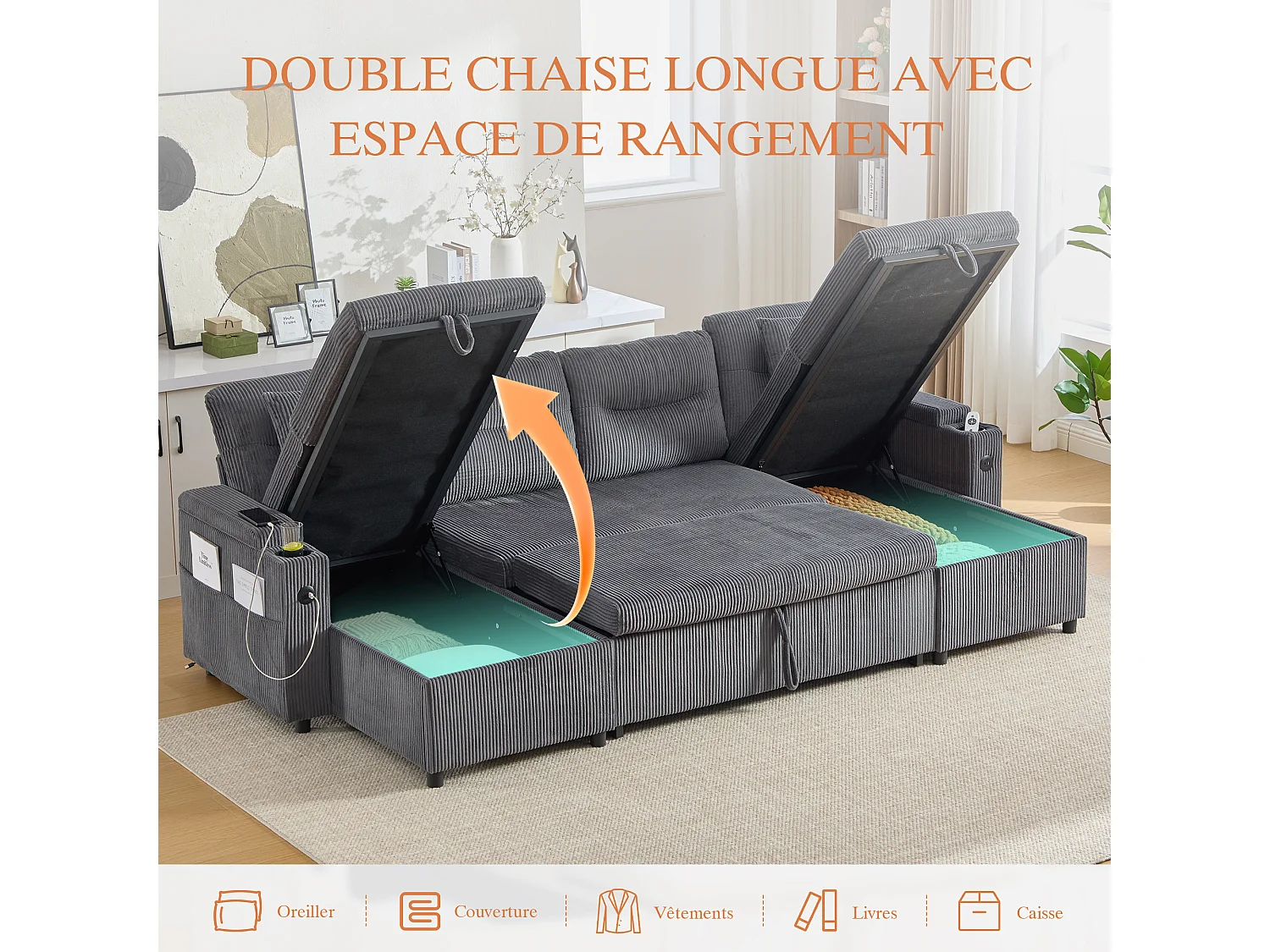 Canapé Convertible Fixe 4 Places en U – Convertible en Lit, Chaise Longue avec Coffre de Rangement – Accoudoirs avec Rangement et Ports USB-C – Idéal pour Salon
