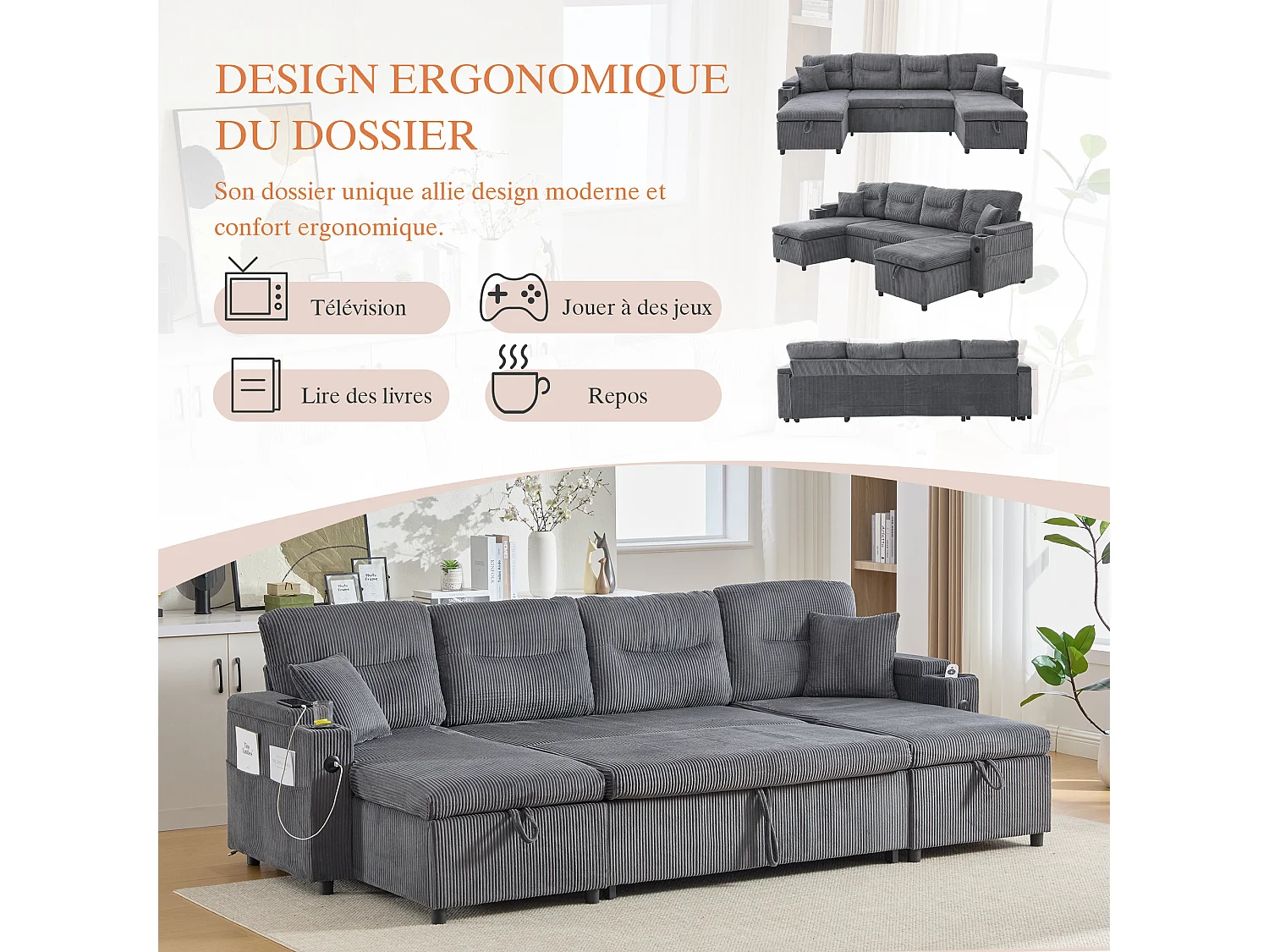 Canapé Convertible Fixe 4 Places en U – Convertible en Lit, Chaise Longue avec Coffre de Rangement – Accoudoirs avec Rangement et Ports USB-C – Idéal pour Salon