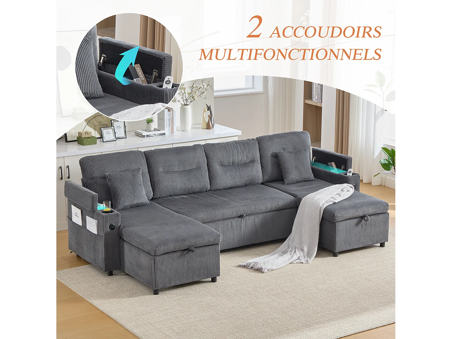 Canapé Convertible Fixe 4 Places en U – Convertible en Lit, Chaise Longue avec Coffre de Rangement – Accoudoirs avec Rangement et Ports USB-C – Idéal pour Salon