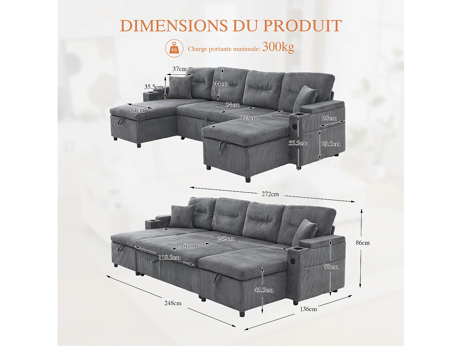 Canapé Convertible Fixe 4 Places en U – Convertible en Lit, Chaise Longue avec Coffre de Rangement – Accoudoirs avec Rangement et Ports USB-C – Idéal pour Salon
