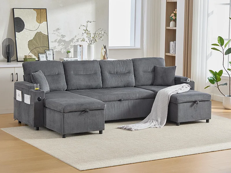 Canapé d’angle convertible fixe 3 places - Convertible en lit double - Chaise longue avec coffre - Accoudoirs rangement et USB-C - Idéal pour petits espaces