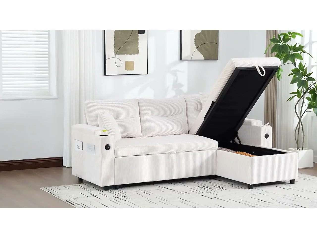 Canapé Convertible Fixe 4 Places en U – Convertible en Lit, Chaise Longue avec Coffre de Rangement – Accoudoirs avec Rangement et Ports USB-C – Idéal pour Salon