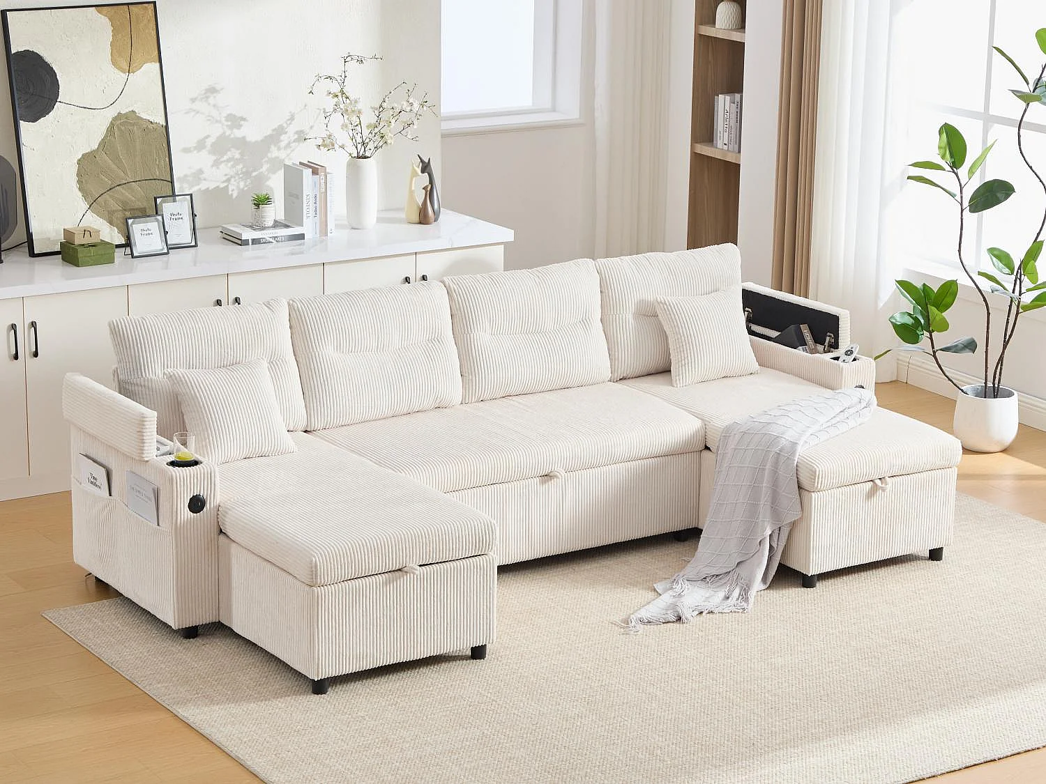 Canapé Convertible Fixe 4 Places en U – Convertible en Lit, Chaise Longue avec Coffre de Rangement – Accoudoirs avec Rangement et Ports USB-C – Idéal pour Salon