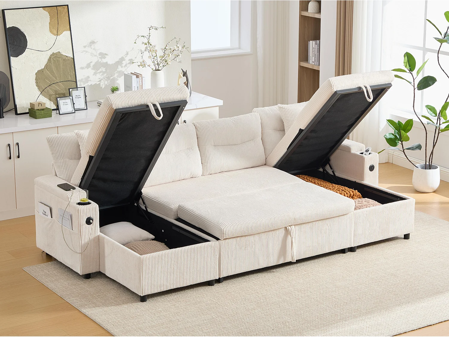 Canapé Convertible Fixe 4 Places en U – Convertible en Lit, Chaise Longue avec Coffre de Rangement – Accoudoirs avec Rangement et Ports USB-C – Idéal pour Salon