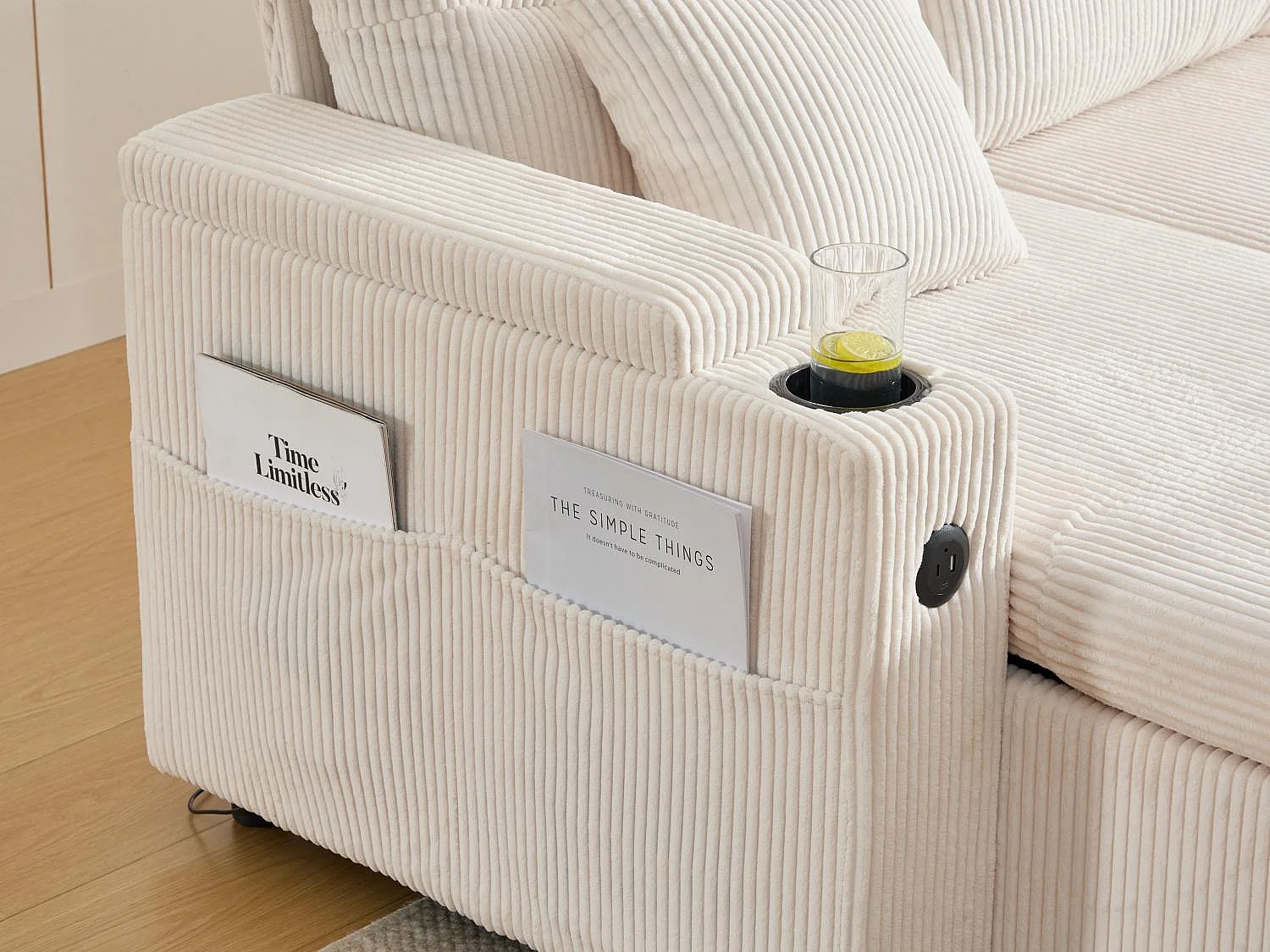 Canapé Convertible Fixe 4 Places en U – Convertible en Lit, Chaise Longue avec Coffre de Rangement – Accoudoirs avec Rangement et Ports USB-C – Idéal pour Salon