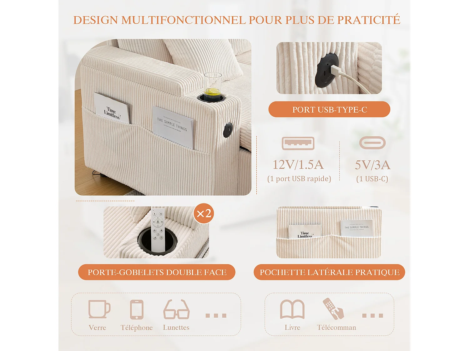 Canapé Convertible Fixe 4 Places en U – Convertible en Lit, Chaise Longue avec Coffre de Rangement – Accoudoirs avec Rangement et Ports USB-C – Idéal pour Salon