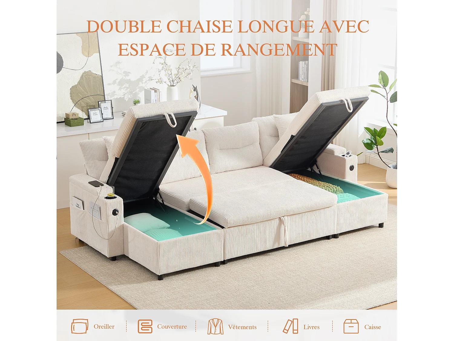 Canapé Convertible Fixe 4 Places en U – Convertible en Lit, Chaise Longue avec Coffre de Rangement – Accoudoirs avec Rangement et Ports USB-C – Idéal pour Salon