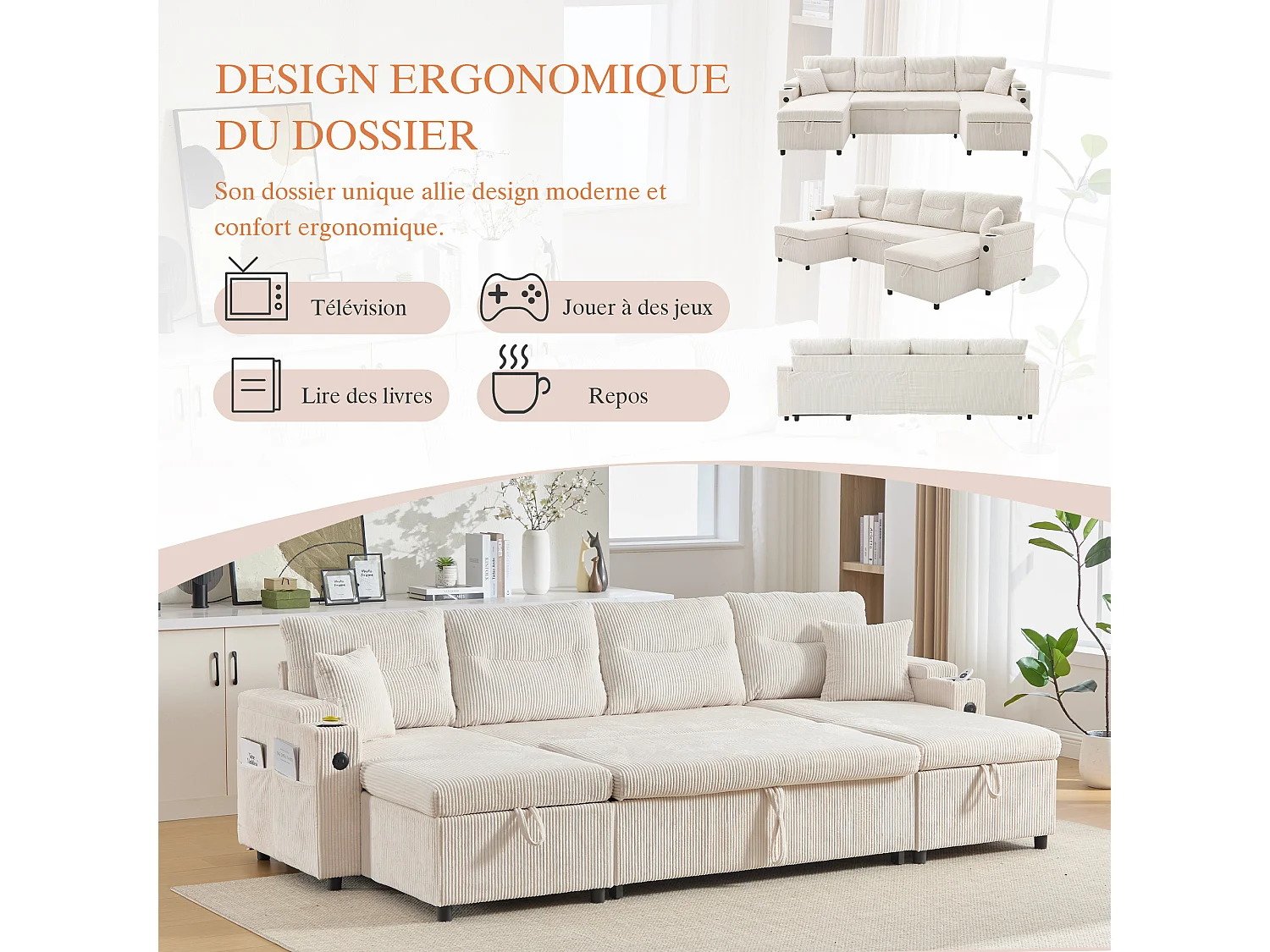 Canapé Convertible Fixe 4 Places en U – Convertible en Lit, Chaise Longue avec Coffre de Rangement – Accoudoirs avec Rangement et Ports USB-C – Idéal pour Salon