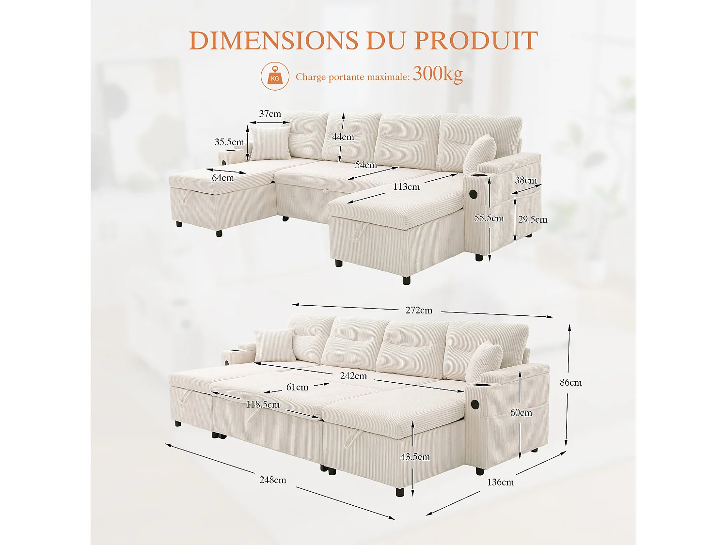 Canapé Convertible Fixe 4 Places en U – Convertible en Lit, Chaise Longue avec Coffre de Rangement – Accoudoirs avec Rangement et Ports USB-C – Idéal pour Salon