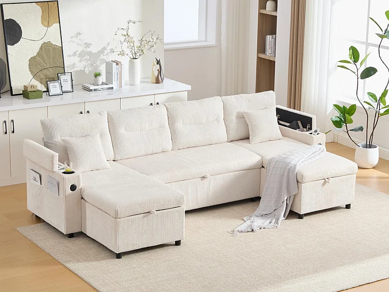 Canapé d’angle convertible fixe 3 places - Convertible en lit double - Chaise longue avec coffre - Accoudoirs rangement et USB-C - Idéal pour petits espaces