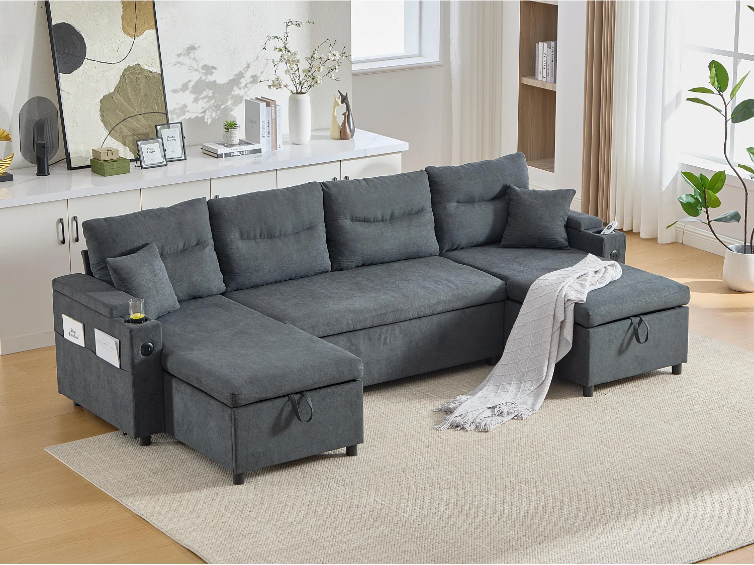 Canapé d’angle convertible fixe 3 places - Convertible en lit double - Chaise longue avec coffre - Accoudoirs rangement et USB-C - Idéal pour petits espaces