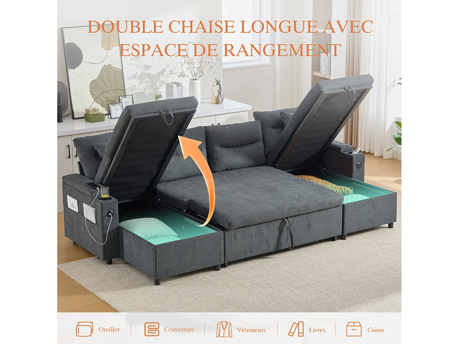 Canapé d’angle convertible fixe 3 places - Convertible en lit double - Chaise longue avec coffre - Accoudoirs rangement et USB-C - Idéal pour petits espaces