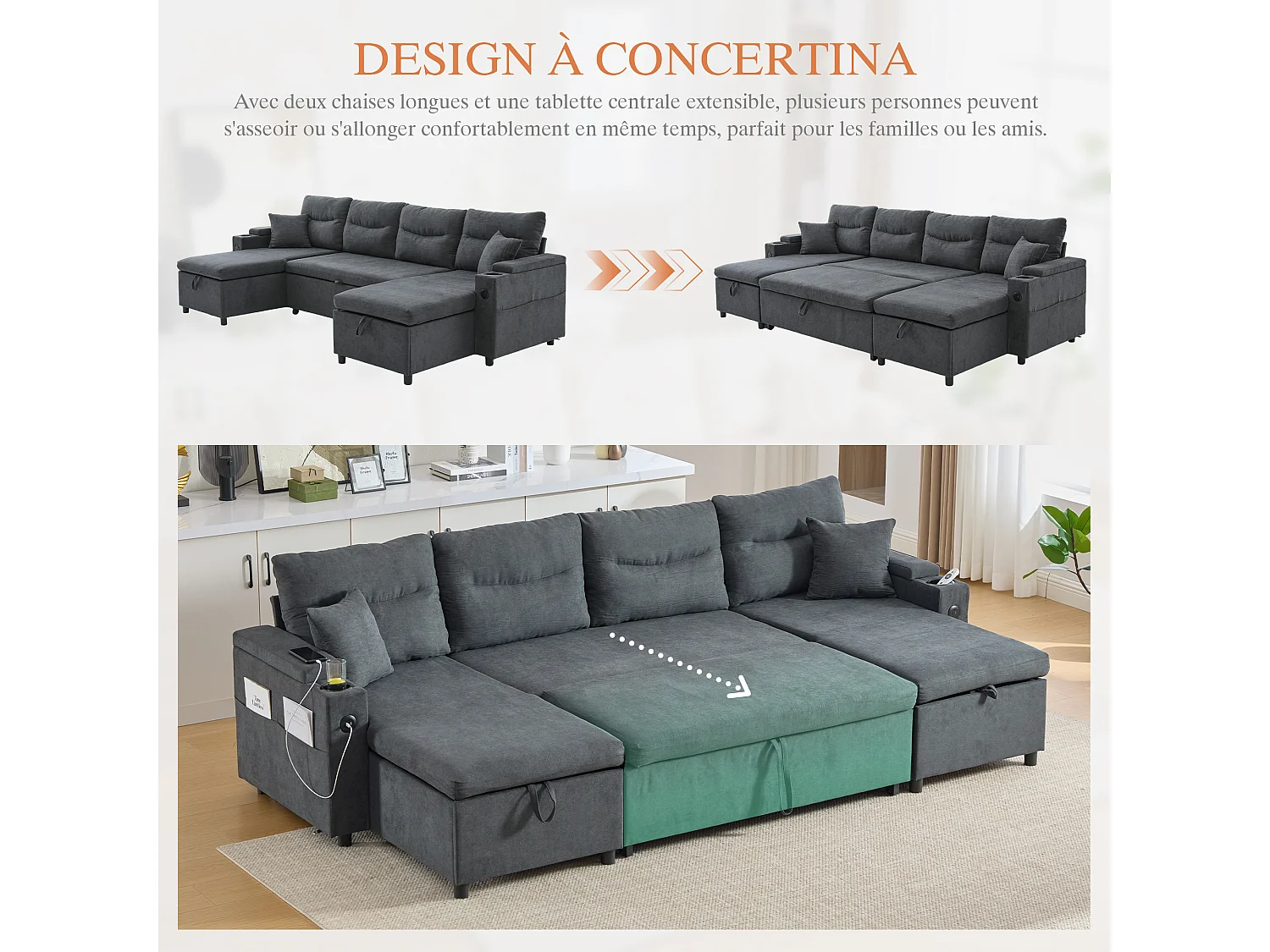 Canapé d’angle convertible fixe 3 places - Convertible en lit double - Chaise longue avec coffre - Accoudoirs rangement et USB-C - Idéal pour petits espaces