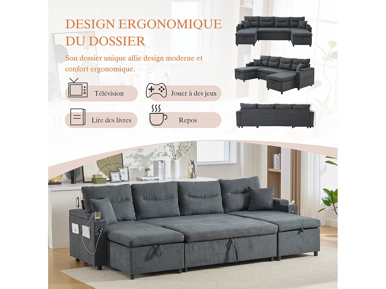 Canapé d’angle convertible fixe 3 places - Convertible en lit double - Chaise longue avec coffre - Accoudoirs rangement et USB-C - Idéal pour petits espaces