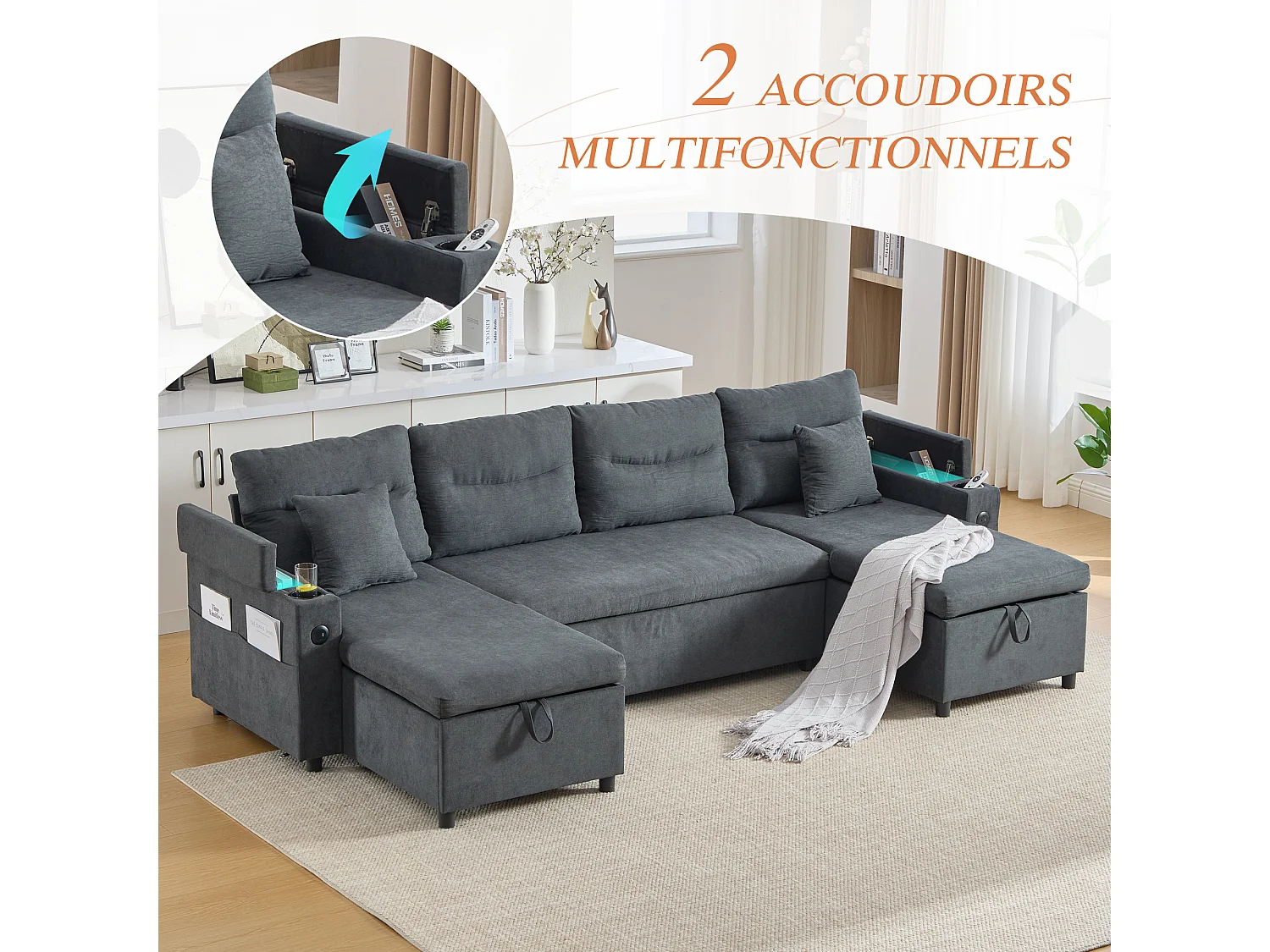 Canapé d’angle convertible fixe 3 places - Convertible en lit double - Chaise longue avec coffre - Accoudoirs rangement et USB-C - Idéal pour petits espaces