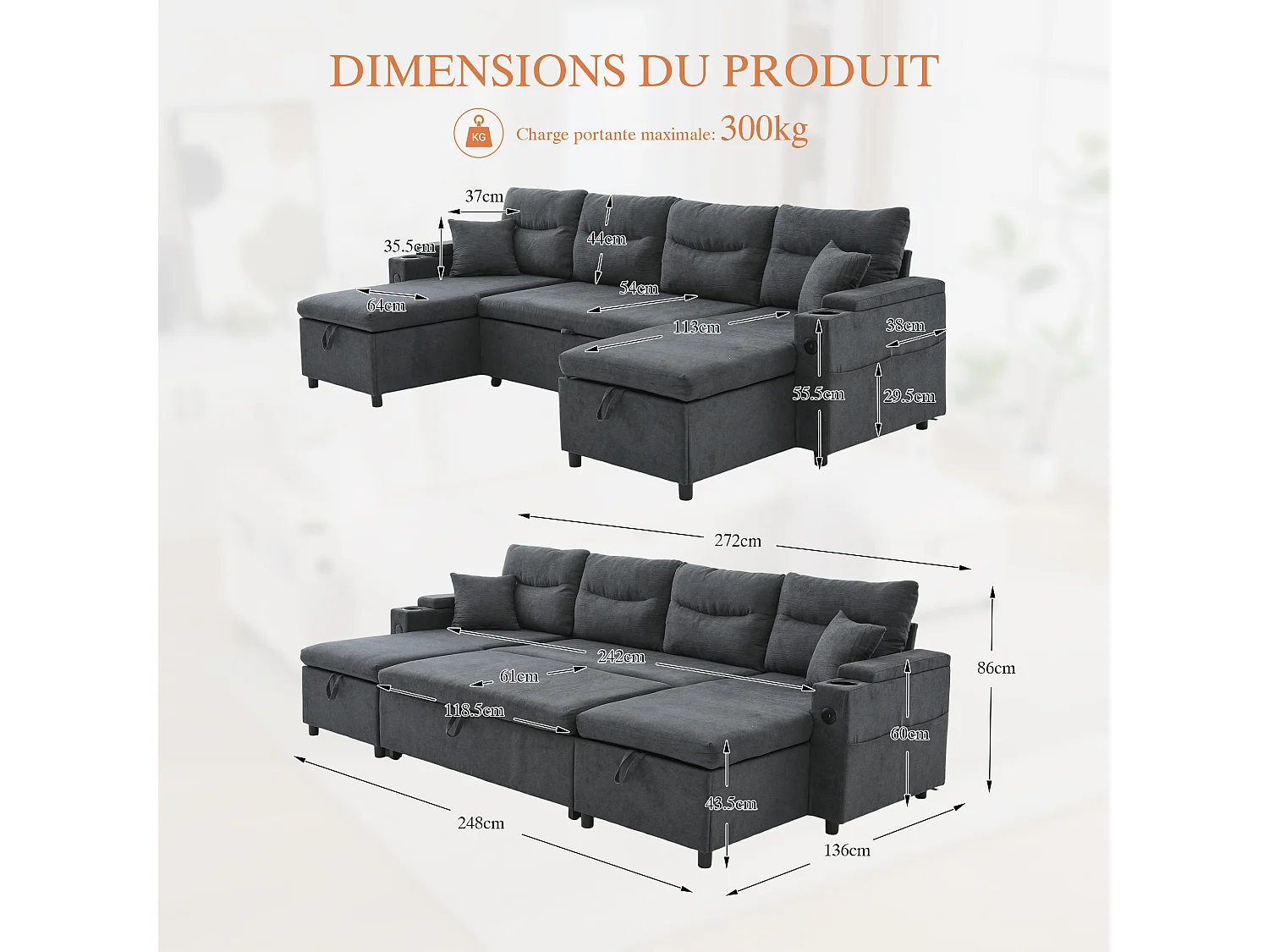 Canapé d’angle convertible fixe 3 places - Convertible en lit double - Chaise longue avec coffre - Accoudoirs rangement et USB-C - Idéal pour petits espaces