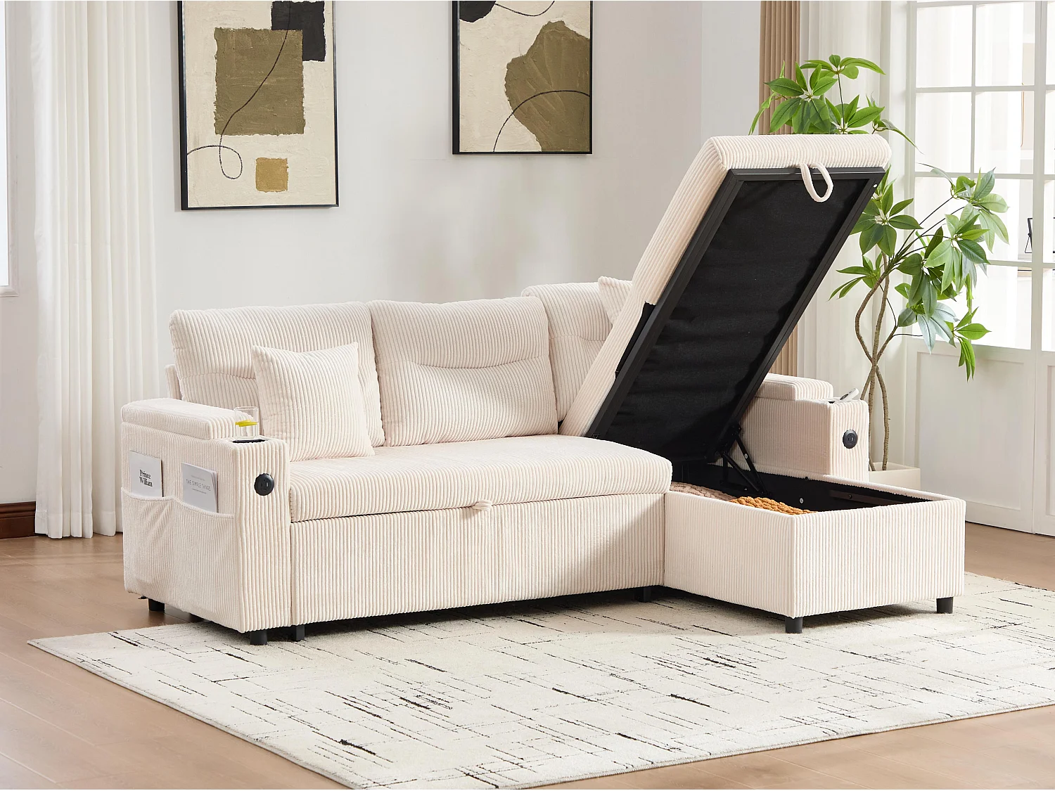 Canapé d’angle convertible fixe 3 places - Convertible en lit double - Chaise longue avec coffre - Accoudoirs rangement et USB-C - Idéal pour petits espaces