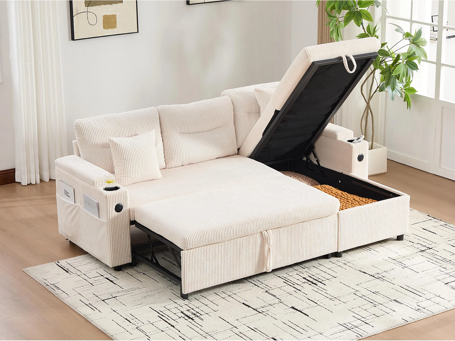 Canapé d’angle convertible fixe 3 places - Convertible en lit double - Chaise longue avec coffre - Accoudoirs rangement et USB-C - Idéal pour petits espaces