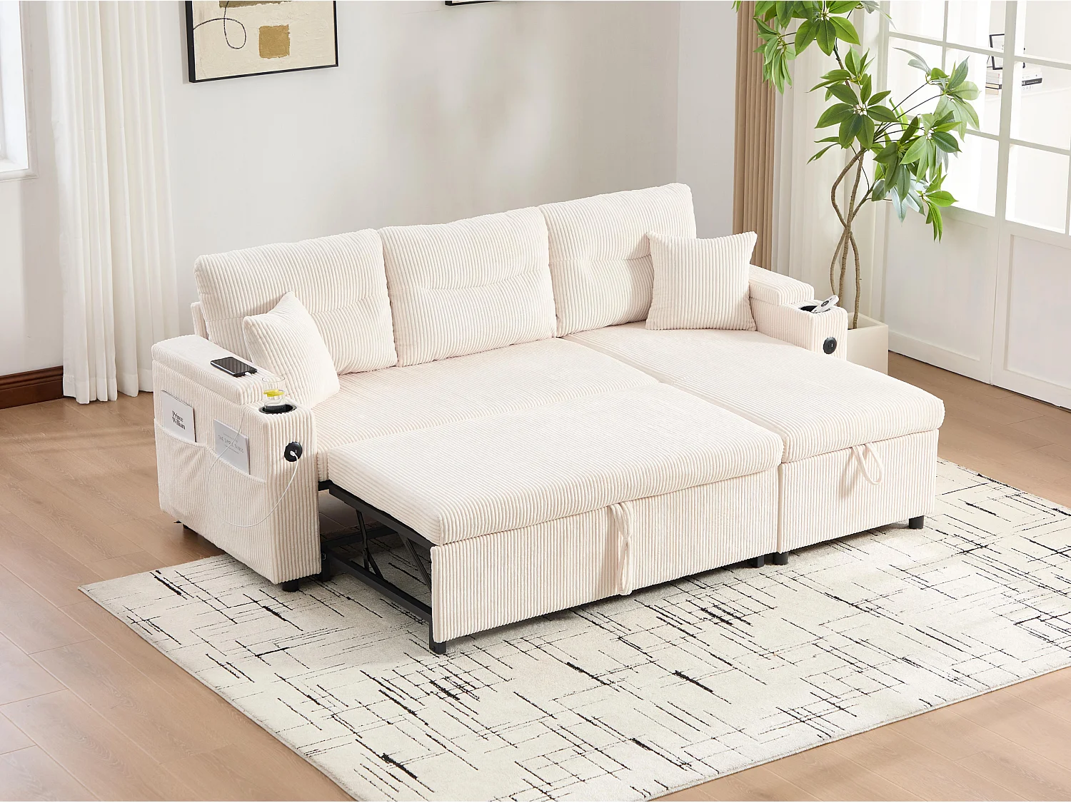 Canapé d’angle convertible fixe 3 places - Convertible en lit double - Chaise longue avec coffre - Accoudoirs rangement et USB-C - Idéal pour petits espaces