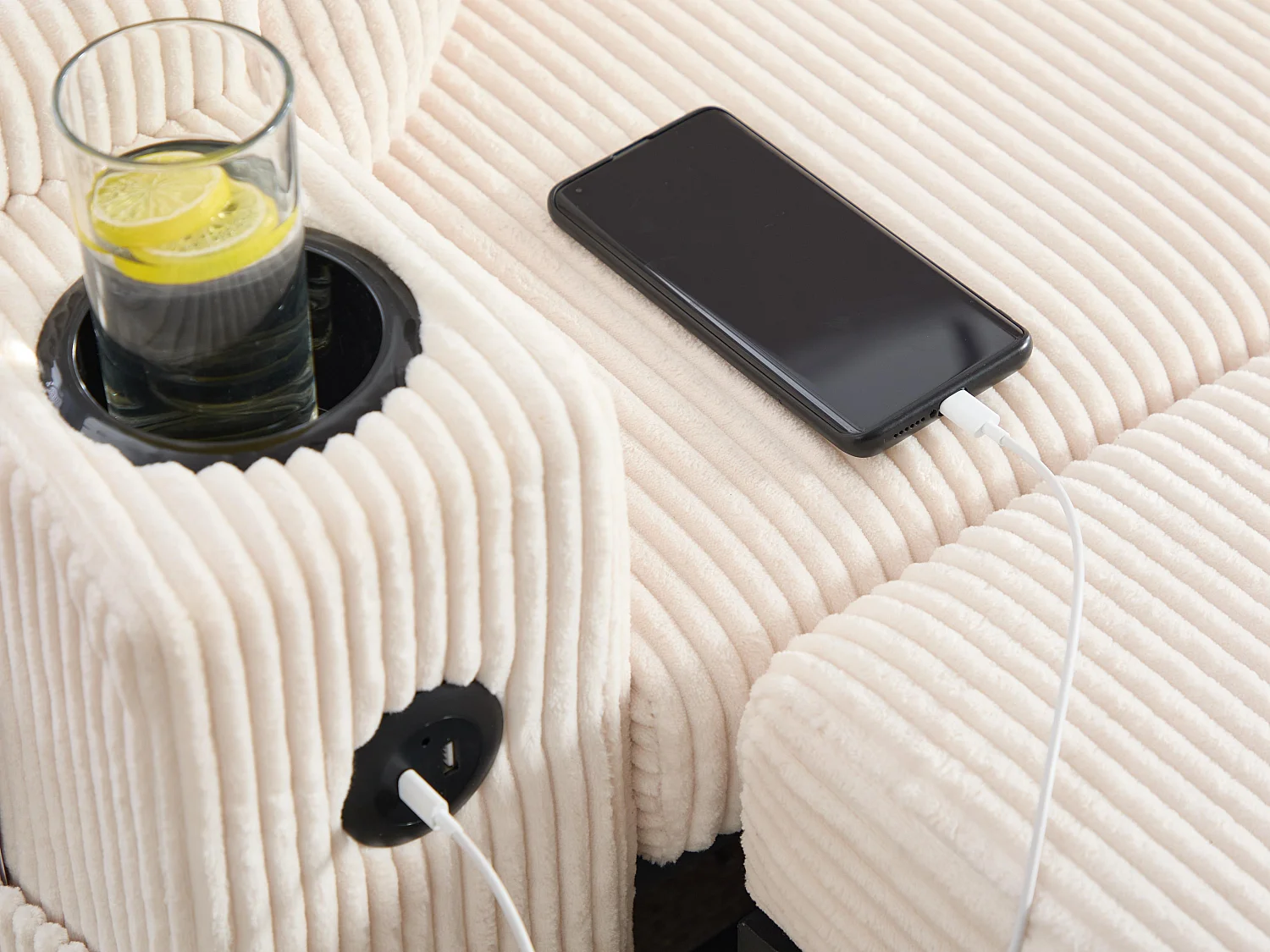 Canapé d’angle convertible fixe 3 places - Convertible en lit double - Chaise longue avec coffre - Accoudoirs rangement et USB-C - Idéal pour petits espaces