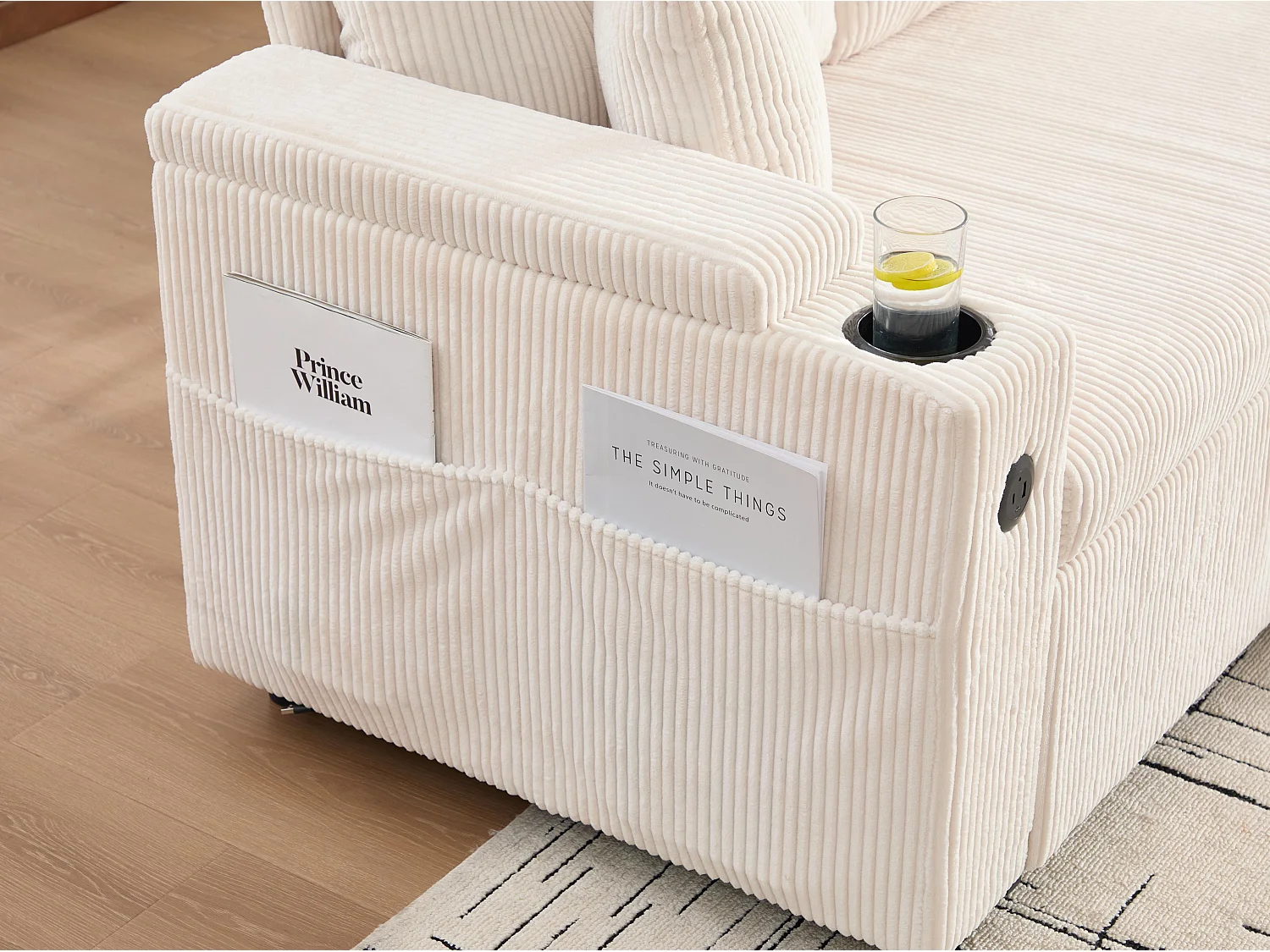 Canapé d’angle convertible fixe 3 places - Convertible en lit double - Chaise longue avec coffre - Accoudoirs rangement et USB-C - Idéal pour petits espaces