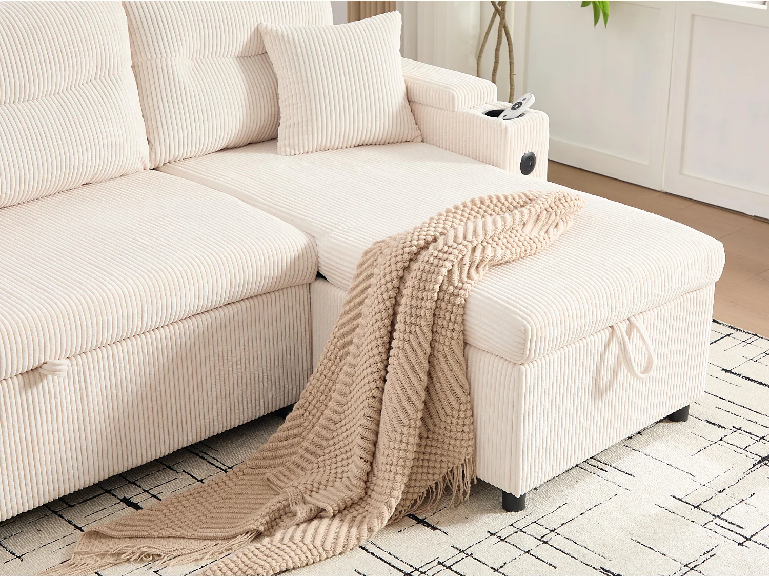 Canapé d’angle convertible fixe 3 places - Convertible en lit double - Chaise longue avec coffre - Accoudoirs rangement et USB-C - Idéal pour petits espaces