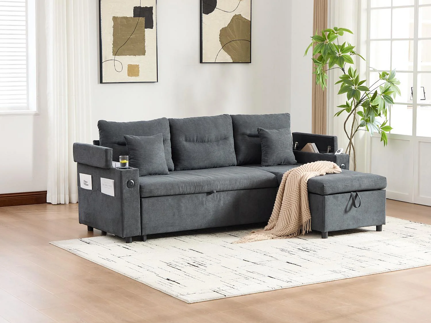 Canapé d’angle convertible fixe 3 places en Lin - Convertible en lit double - Chaise longue avec coffre - Accoudoirs rangement et USB-C - Idéal pour petits espaces