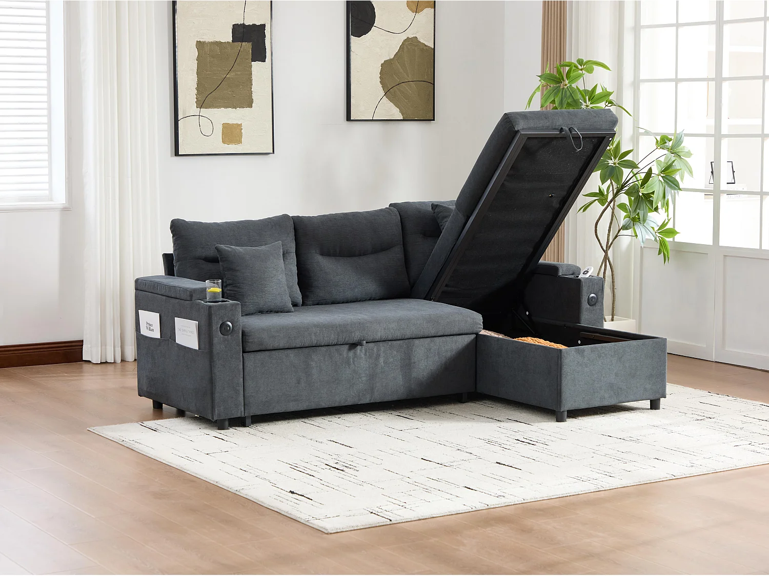 Canapé d’angle convertible fixe 3 places en Lin - Convertible en lit double - Chaise longue avec coffre - Accoudoirs rangement et USB-C - Idéal pour petits espaces