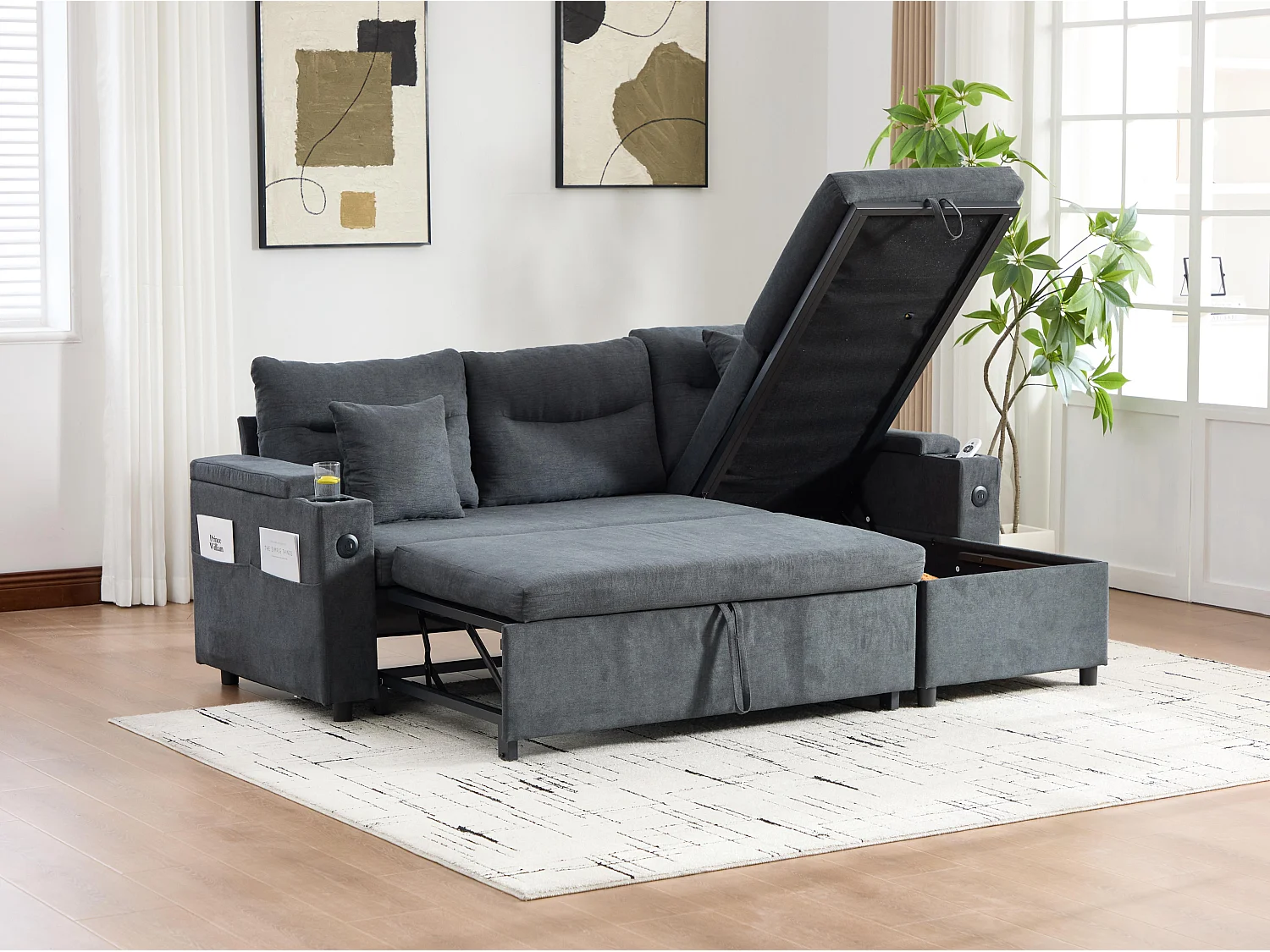 Canapé d’angle convertible fixe 3 places en Lin - Convertible en lit double - Chaise longue avec coffre - Accoudoirs rangement et USB-C - Idéal pour petits espaces