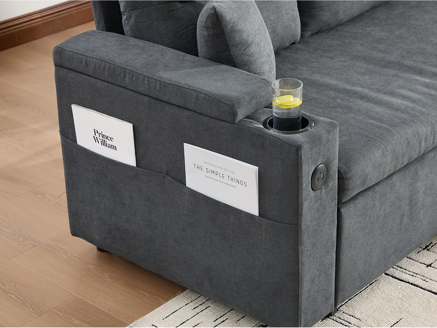 Canapé d’angle convertible fixe 3 places en Lin - Convertible en lit double - Chaise longue avec coffre - Accoudoirs rangement et USB-C - Idéal pour petits espaces