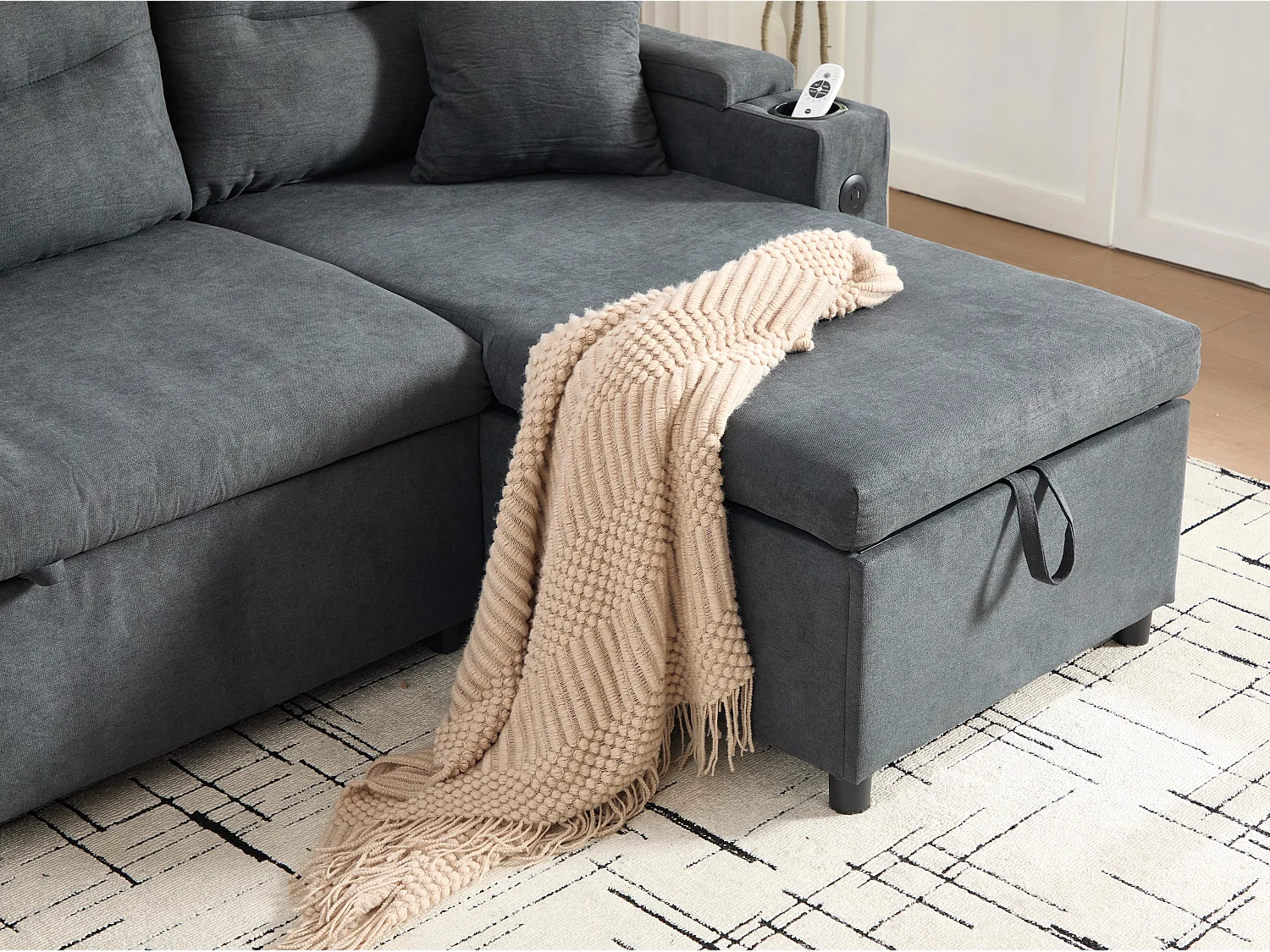 Canapé d’angle convertible fixe 3 places en Lin - Convertible en lit double - Chaise longue avec coffre - Accoudoirs rangement et USB-C - Idéal pour petits espaces