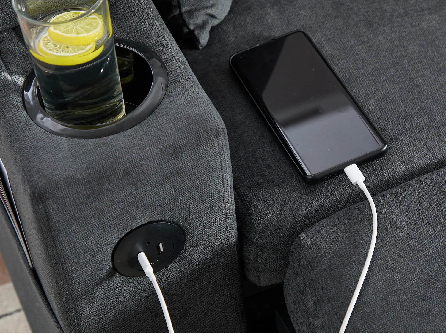 Canapé d’angle convertible fixe 3 places en Lin - Convertible en lit double - Chaise longue avec coffre - Accoudoirs rangement et USB-C - Idéal pour petits espaces