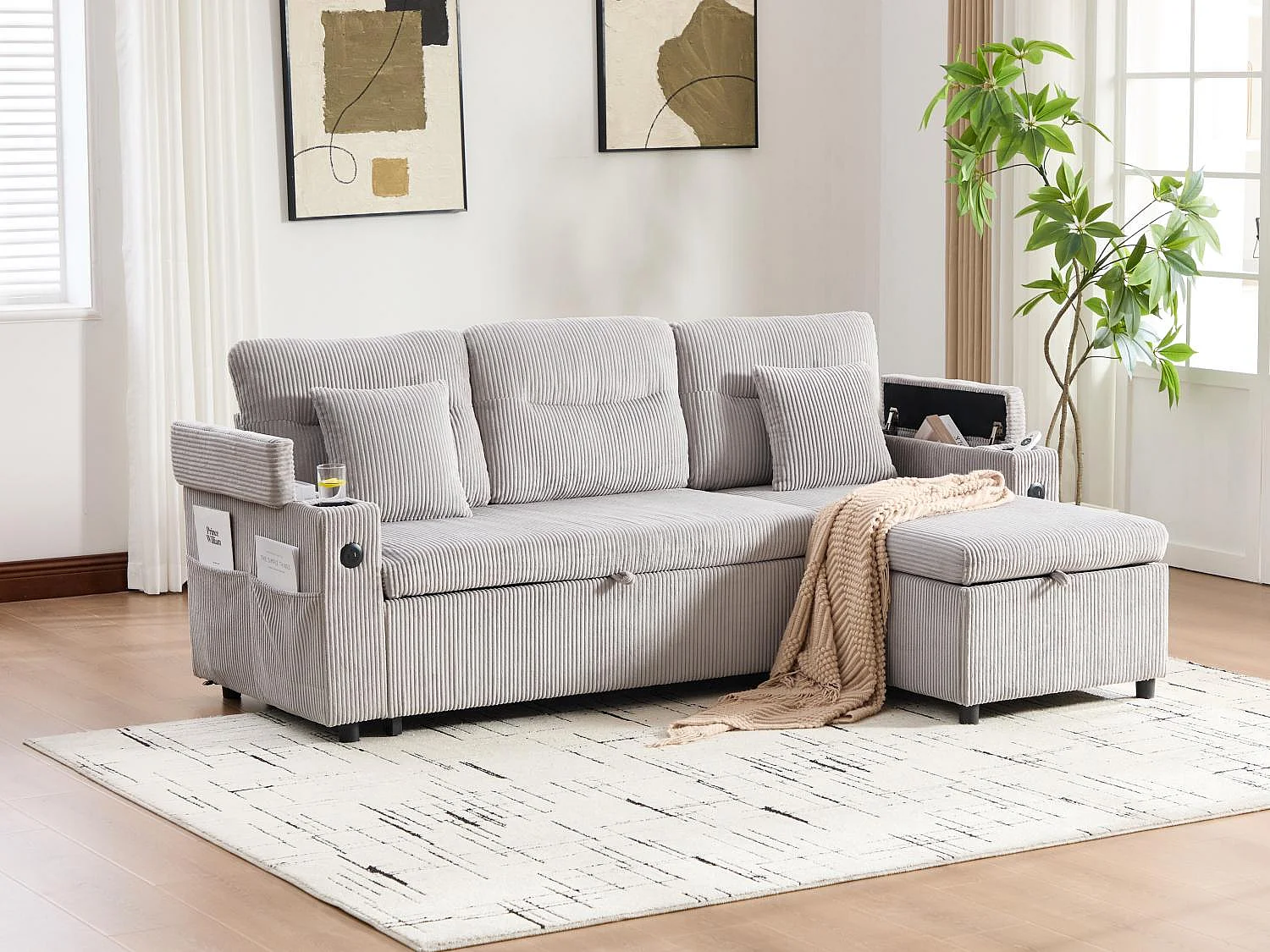 Canapé d’angle convertible fixe 3 places - Convertible en lit double - Chaise longue avec coffre - Accoudoirs rangement et USB-C - Idéal pour petits espaces