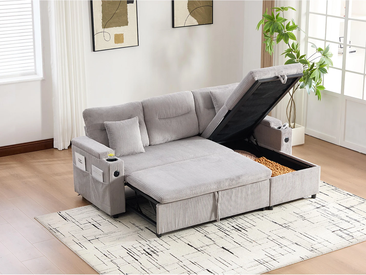 Canapé d’angle convertible fixe 3 places - Convertible en lit double - Chaise longue avec coffre - Accoudoirs rangement et USB-C - Idéal pour petits espaces