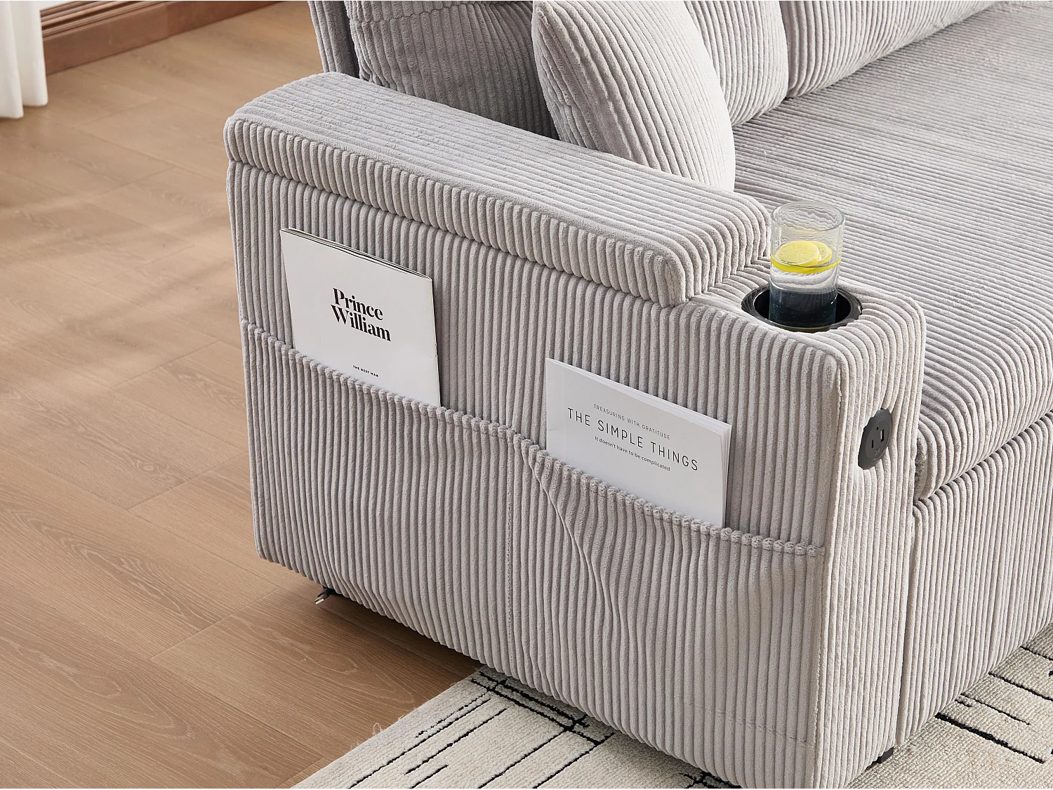 Canapé d’angle convertible fixe 3 places - Convertible en lit double - Chaise longue avec coffre - Accoudoirs rangement et USB-C - Idéal pour petits espaces