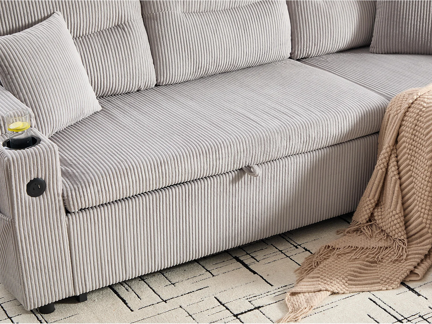 Canapé d’angle convertible fixe 3 places - Convertible en lit double - Chaise longue avec coffre - Accoudoirs rangement et USB-C - Idéal pour petits espaces