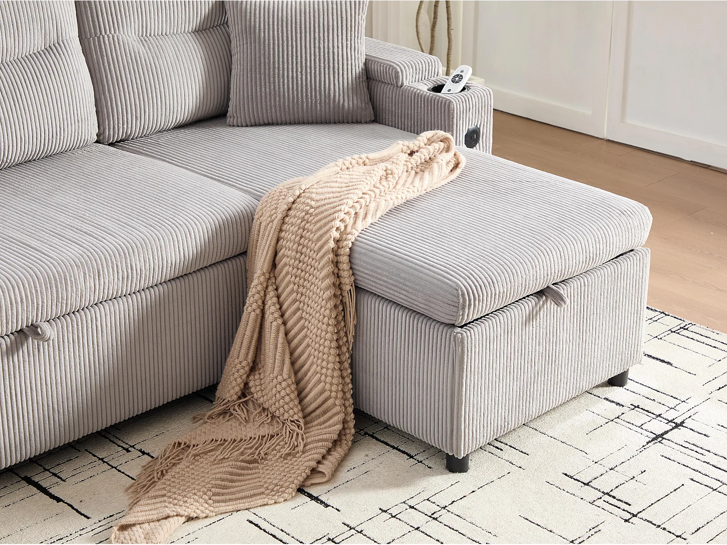 Canapé d’angle convertible fixe 3 places - Convertible en lit double - Chaise longue avec coffre - Accoudoirs rangement et USB-C - Idéal pour petits espaces