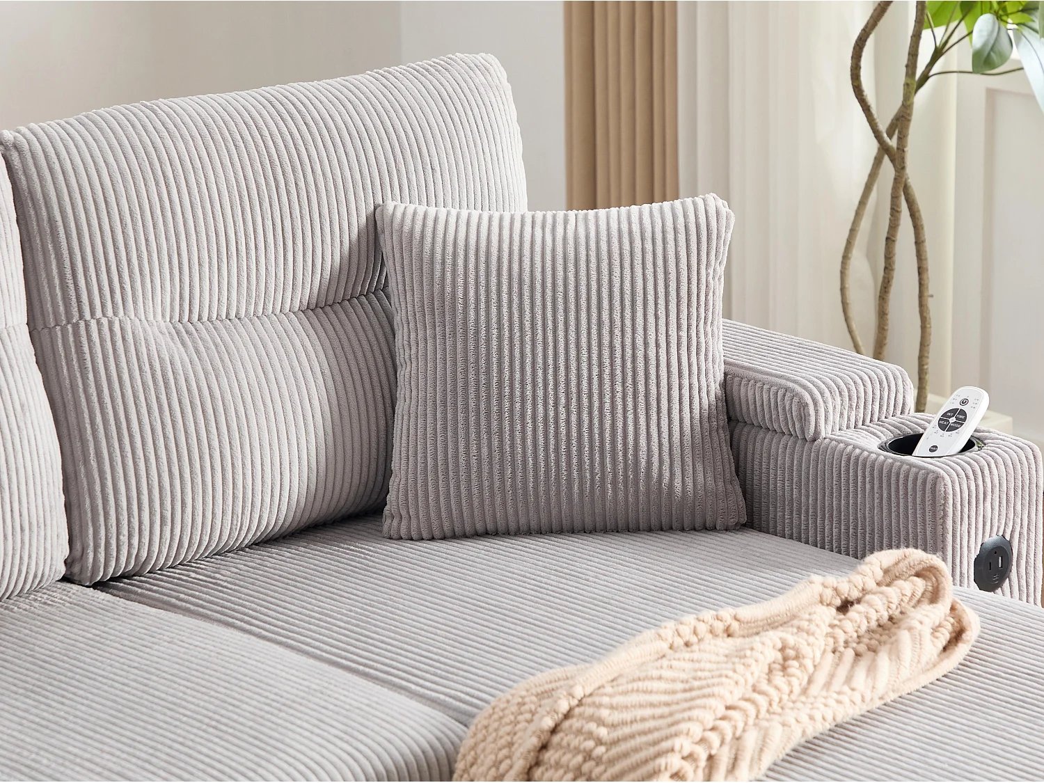 Canapé d’angle convertible fixe 3 places - Convertible en lit double - Chaise longue avec coffre - Accoudoirs rangement et USB-C - Idéal pour petits espaces