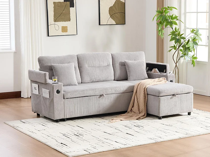 Canapé d’angle convertible fixe 3 places - Convertible en lit double - Chaise longue avec coffre - Accoudoirs rangement et USB-C - Idéal pour petits espaces