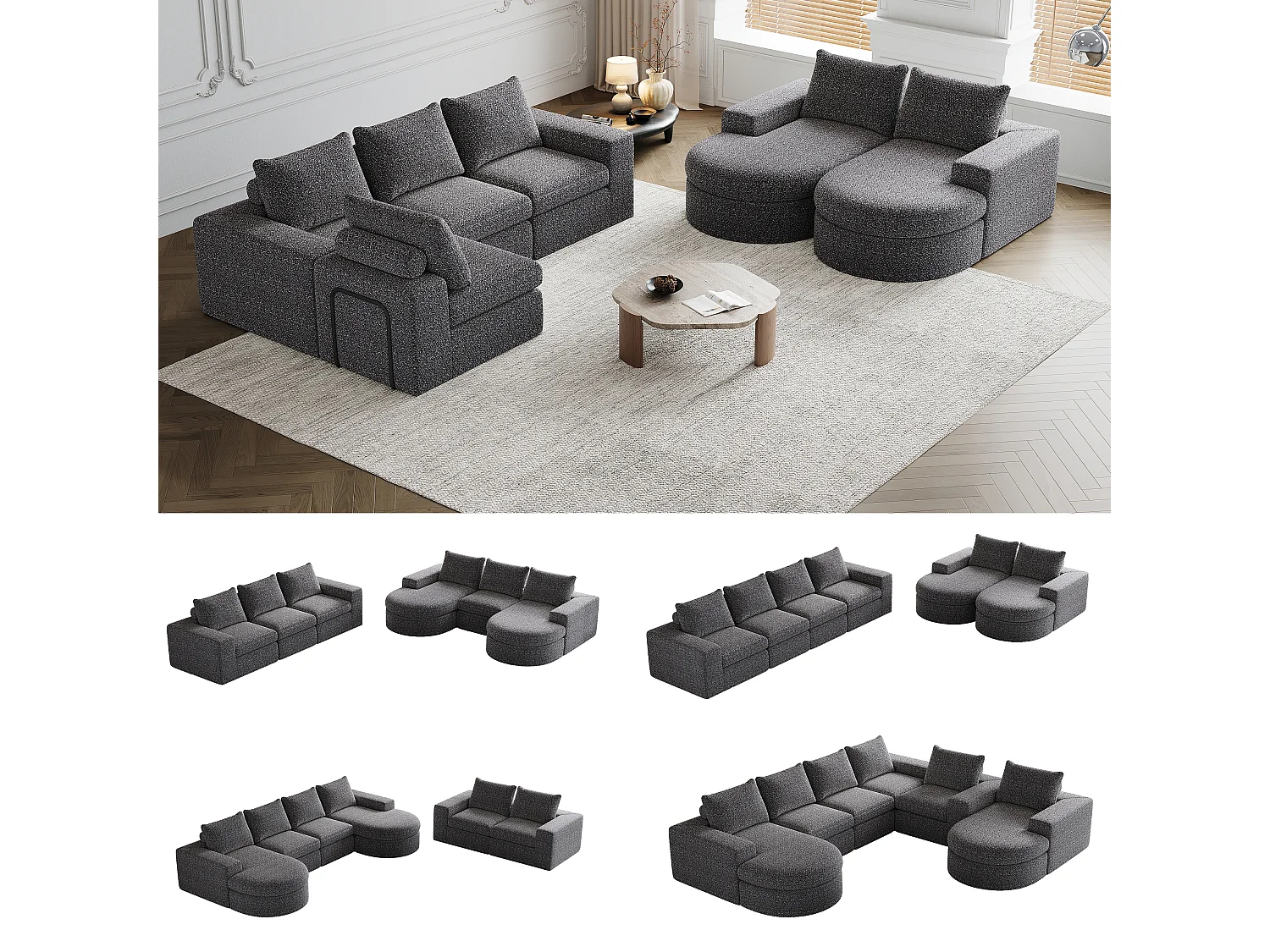 Kaleido Pro – Lot de 2 Canapés d’Angle Modulables Connectables – 6 Places – 251x160x81 cm – Méridienne Réversible – Tissu Chenille – Confort Douillet