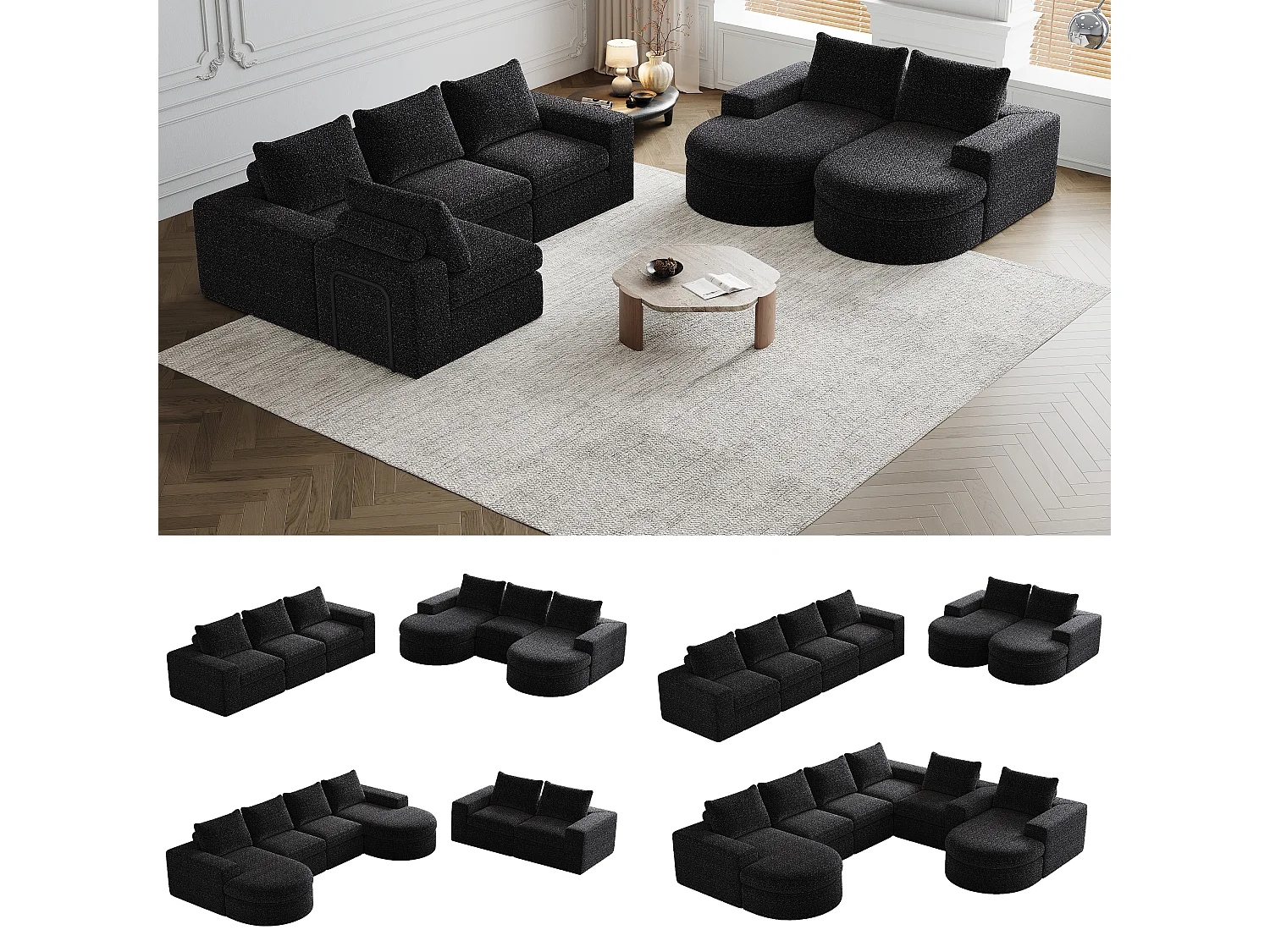 Kaleido Pro – Lot de 2 Canapés d’Angle Modulables Connectables – 6 Places – 251x160x81 cm – Méridienne Réversible – Tissu Chenille – Confort Douillet