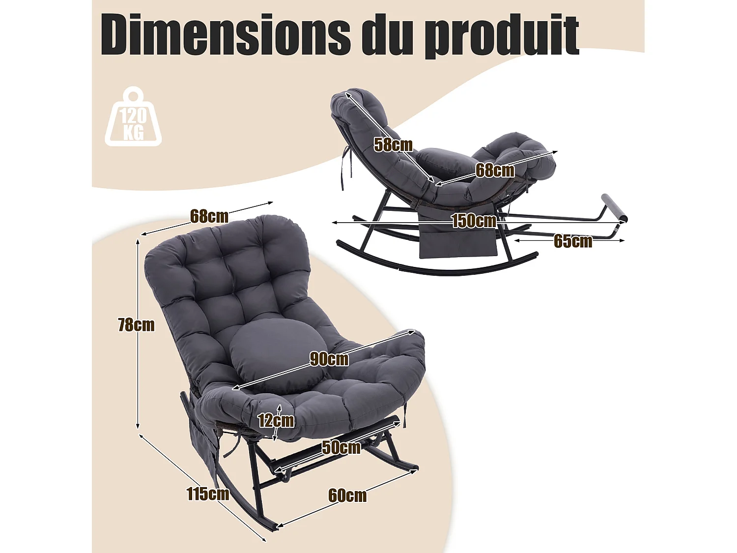 Cocon Pro - Mecedora con Reposapiés Retráctil - Sillón de Salón con Asiento Ancho y Cojín de Regalo - 115 kg - Para Jardín, Terraza, Salón