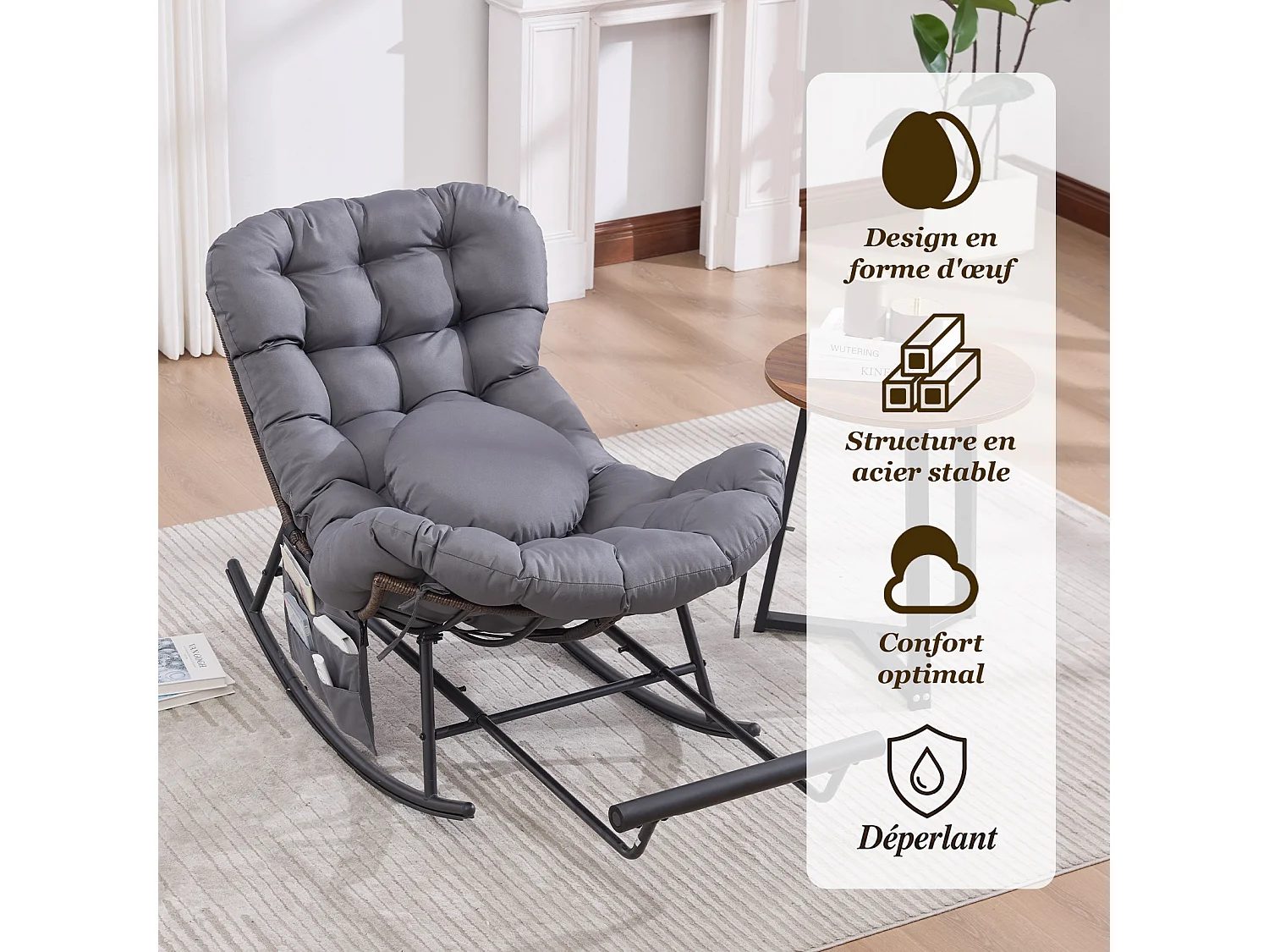 Cocon Pro - Mecedora con Reposapiés Retráctil - Sillón de Salón con Asiento Ancho y Cojín de Regalo - 115 kg - Para Jardín, Terraza, Salón