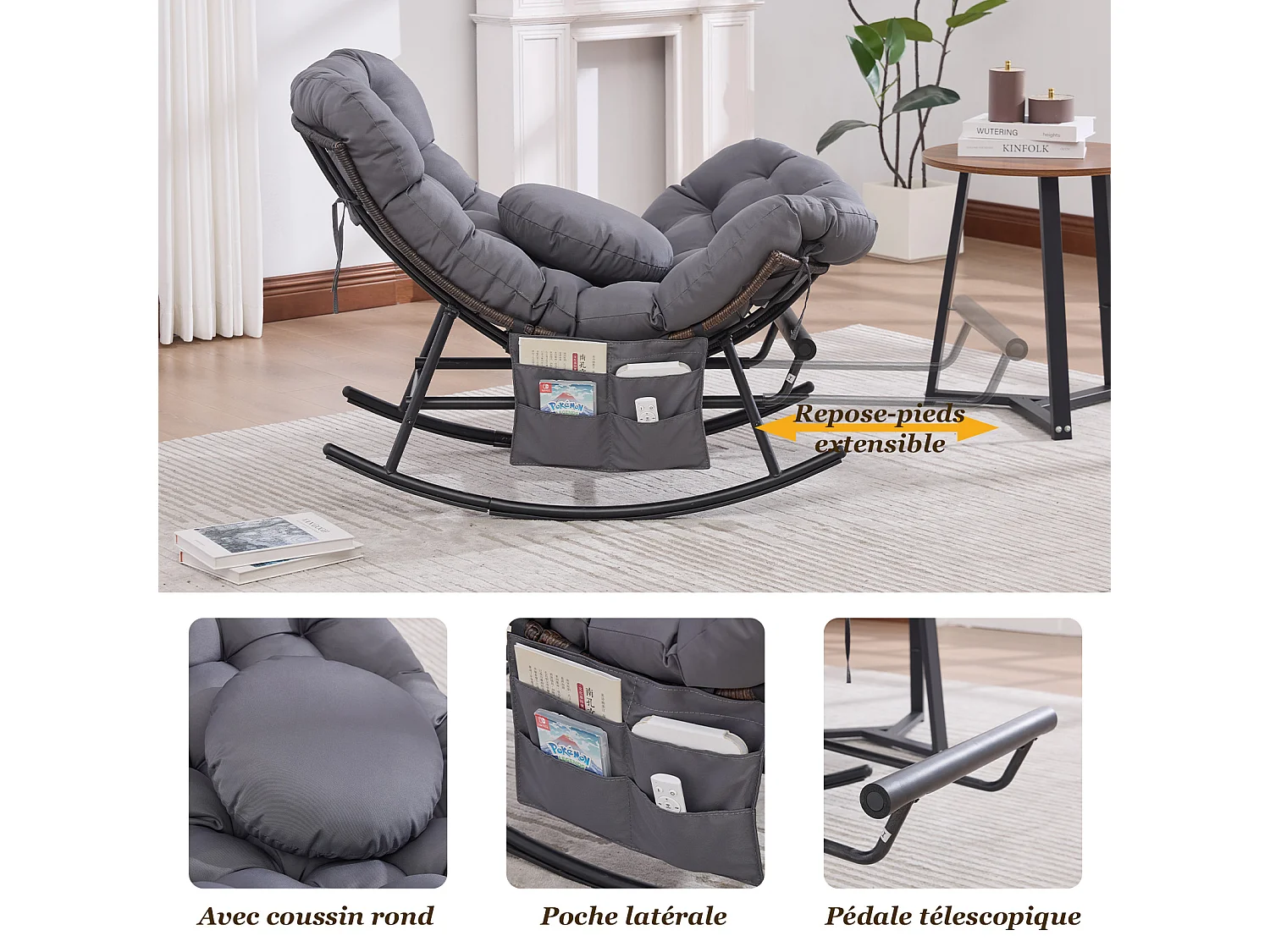 Cocon Pro - Mecedora con Reposapiés Retráctil - Sillón de Salón con Asiento Ancho y Cojín de Regalo - 115 kg - Para Jardín, Terraza, Salón